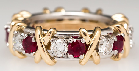 Tiffany & Co Schlumberger 16-Stone Diamond Ruby Ring Solid Platinum & 18K Gold