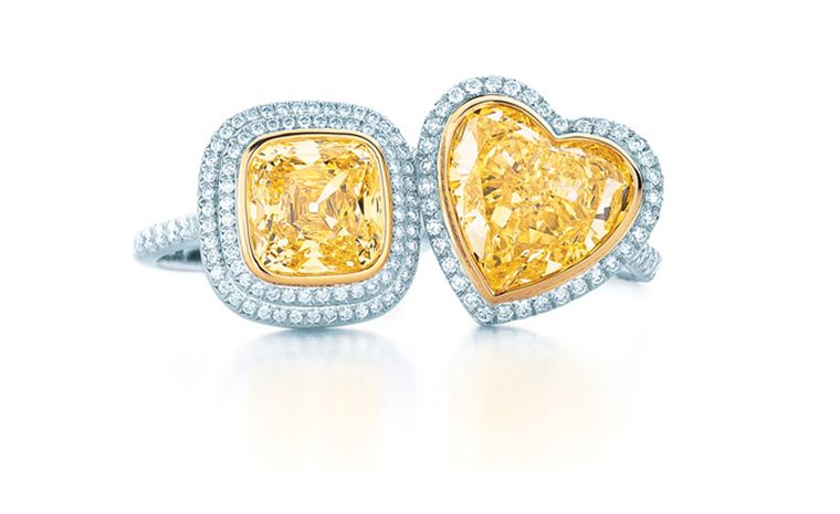 Tiffany & Co, yellow and white diamond rings. Square diamond £45,000 and heart shaped