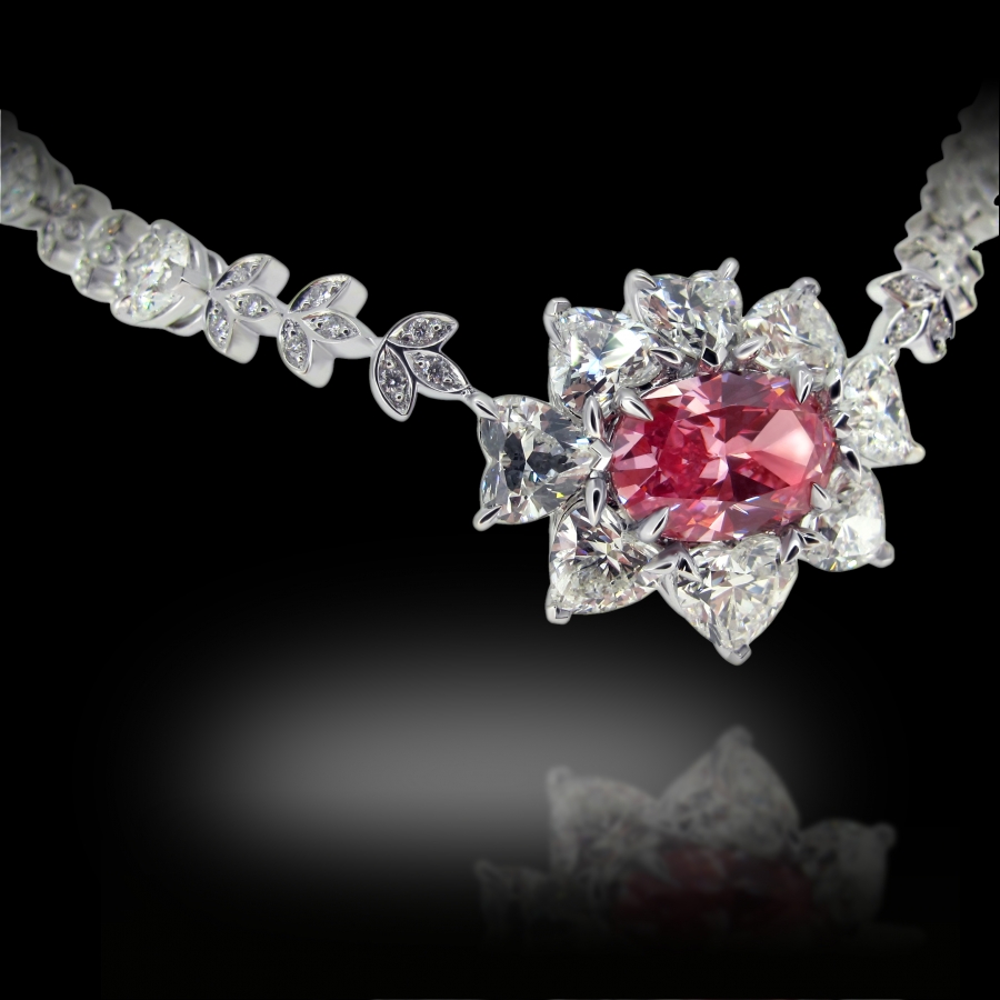 Pink Sun Necklace 18K White Gold Fancy Vivid Pink Diamond 2+ Carats and White Diamonds