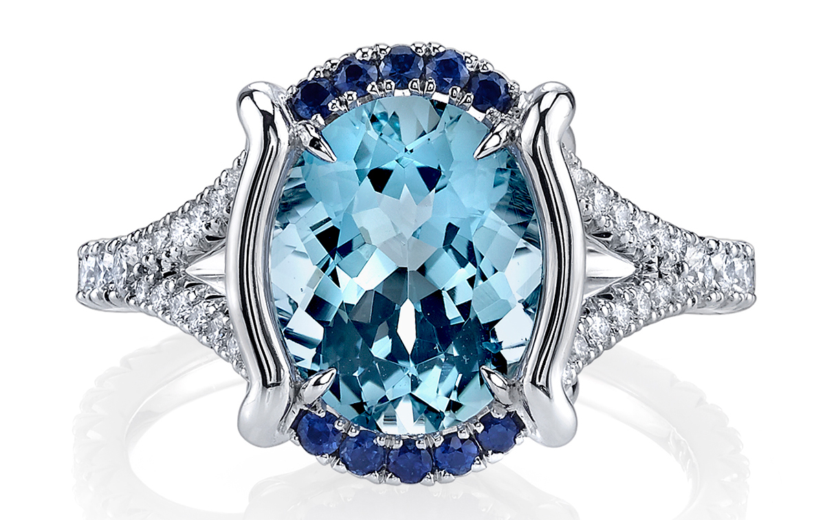 Sevilla collection ring in 18k white gold with 2.26 ct. aquamarine, 0.12 ct. t.w. sapphires, and 0.48 ct. t.w. diamonds by Omi Privé in collaboration with Rémy Rotenier, price on request