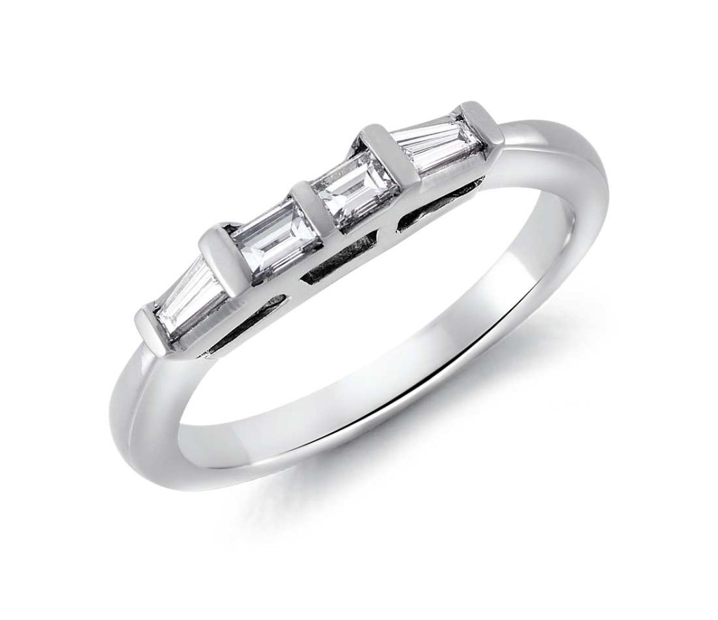 Tapered Baguette Diamond Ring in Platinum (1/3 ct. tw.) Tapered and straight baguette diamonds are bar channel-set in a stylish, enduring platinum band.