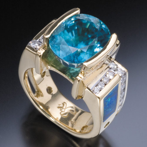 Blue Zircon and Diamond Ring