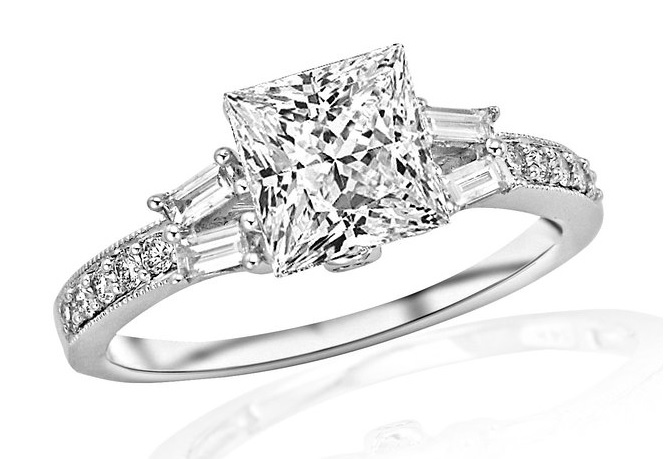 2.43 Carat GIA Certified Princess Cut Split Shank Baguette and Round With Milgrain Diamond Engagement Ring (I-J Color, IF Clarity)