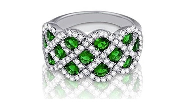 Gorgeous Emerald and Pave Diamond Band. Fancy Twist Pave Diamond and Round Green Emerald Scalloped Band Gem 1.30cttw Diamond .82cttw Width: 2.7 MM