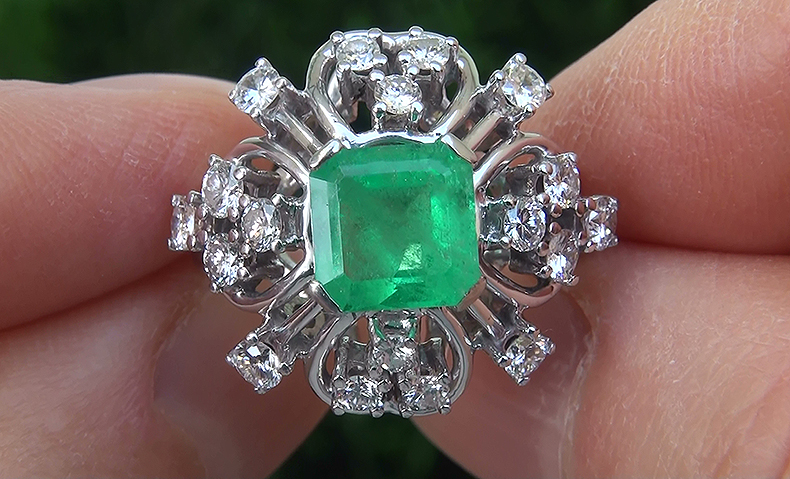 Estate 2.85 ct Natural Colombian Emerald Diamond 18k White Gold Ring