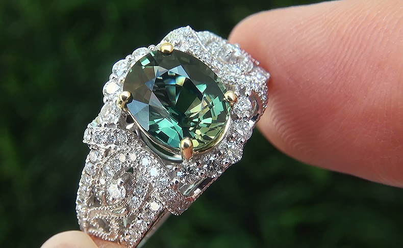 AIGS 3.24 ct UNHEATED Natural VVS Green Sapphire Diamond 14k White Yellow Gold Ring
