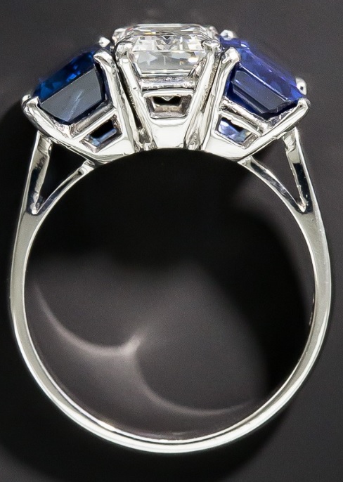 1.73 Carat Emerald-Cut Diamond and No Heat Sapphire Three-Stone Ring - GIA F VVS1 
