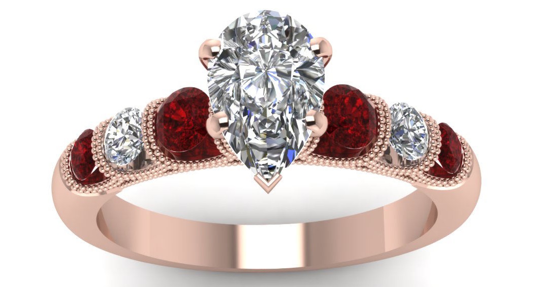 1 Carat Pear Conflict Free Diamond And Ruby Unique Milgrain Engagement Ring GIA