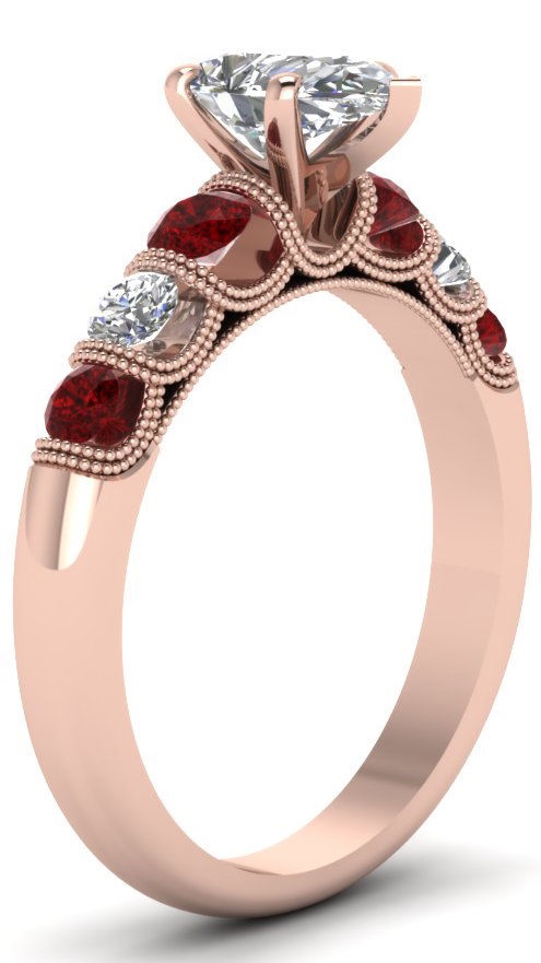 Diamond And Ruby Unique Milgrain Engagement Ring