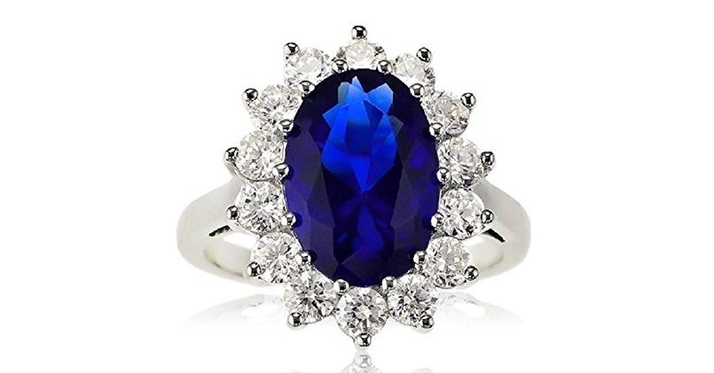Sterling Silver Oval Blue Sapphire and CZ Princess Diana/Kate Middleton Ring