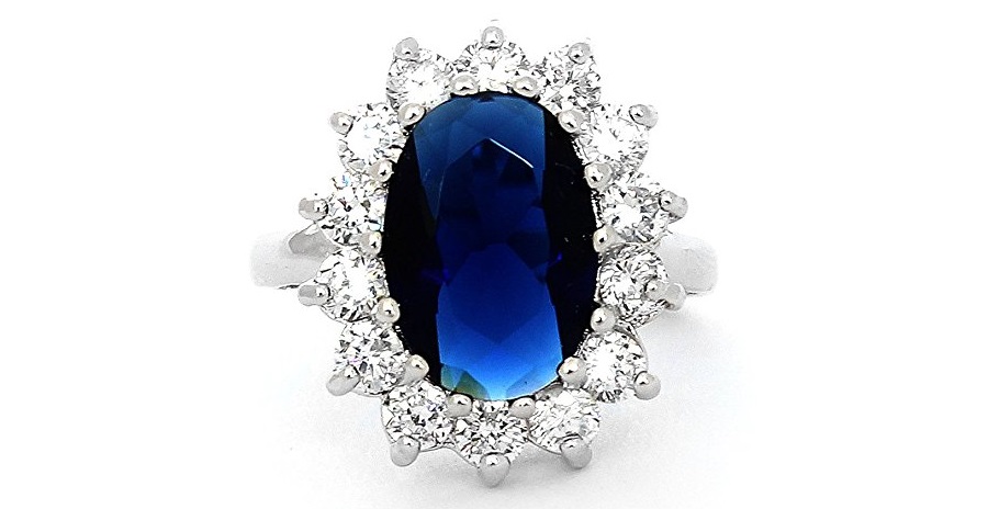 Sterling Silver Simulated Blue Oval Sapphire White Cubic Zirconia Princess Diana/Kate Middleton Ring