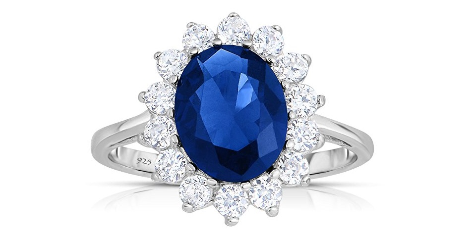 Sterling Silver Kashmir Blue Sapphire CZ with White CZ Helo Jacket Princess Diana Kate Engagement Ring
