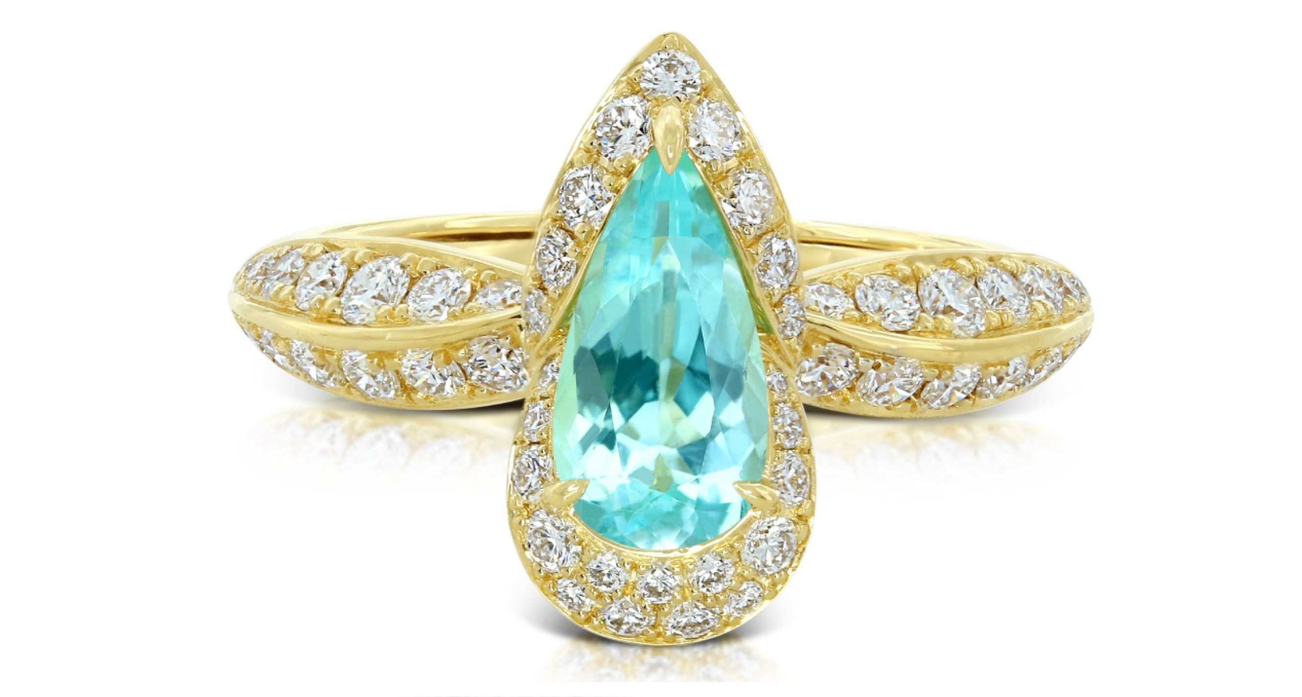 Kat Florence 1.13 carat pear-shaped Brazilian Paraiba tourmaline ring in yellow gold, surrounded by D-flawless diamonds (€15,550).
