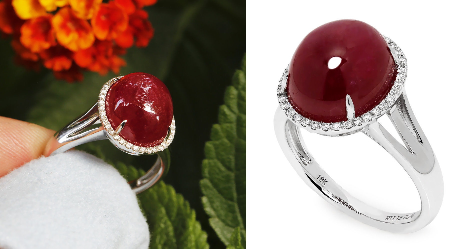 Oval Cabochon Ruby Halo Ring with Diamonds in 18kt White Gold 11.28ctw