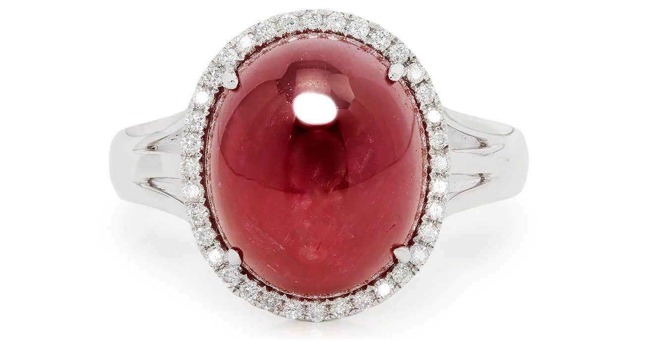 Oval Cabochon Ruby Halo Ring with Diamonds in 18kt White Gold 11.28ctw 