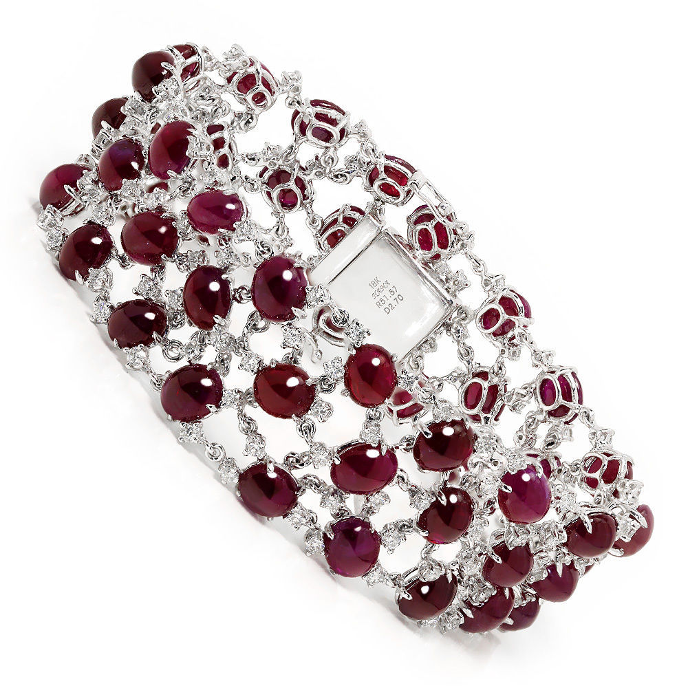 Cabochon Ruby Cluster Bracelet with Diamonds in 18kt White Gold 54.27ctw