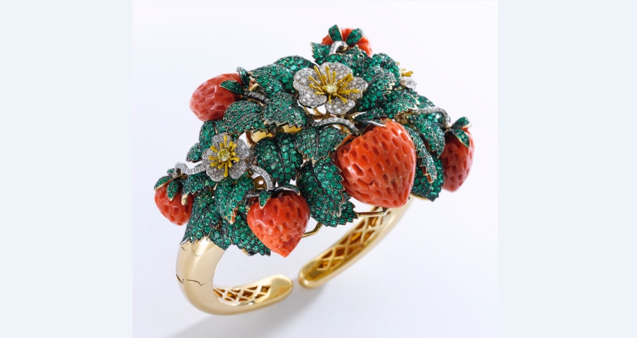 Coral, emerald, enamel and diamond bangle, 'Fragole', Michele della Valle