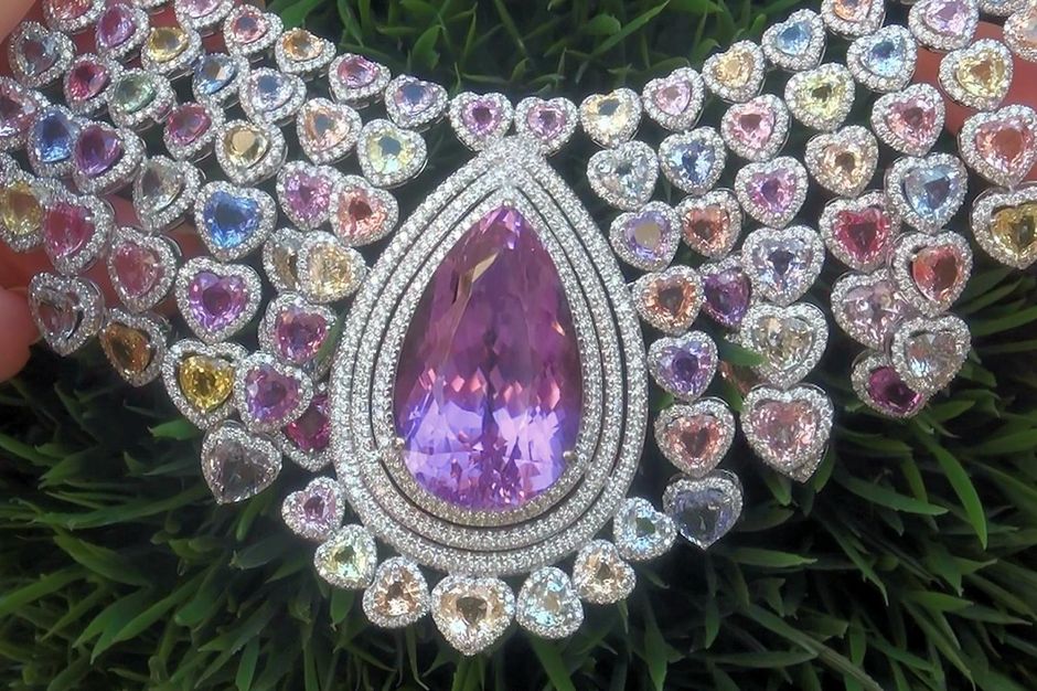 GIA Natural Pink Kunzite Fancy Sapphire Diamond 18k Gold Necklace GEM 190.28 TCW