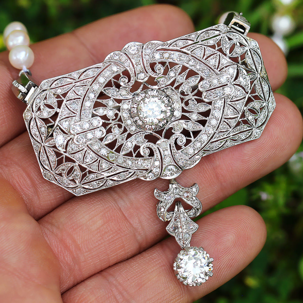 Vintage European Diamond Pendant Pearl Necklace in Platinum 6.71ctw Detachable