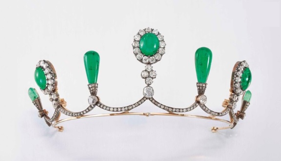 Late 19th Century Emerald and Diamond Tiara. Drop-shaped and oval cabochon emeralds, old and rose-cut diamonds, silver and gold, circa 1880, inner circumference 24.5 cm. Estimate: £70,000-90,000. Offered in Important Jewels on 13 June at Christie’s in London