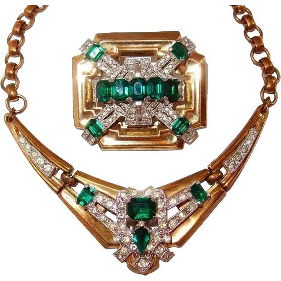 Classic McClelland Barclay Green Emerald Brooch Necklace Set