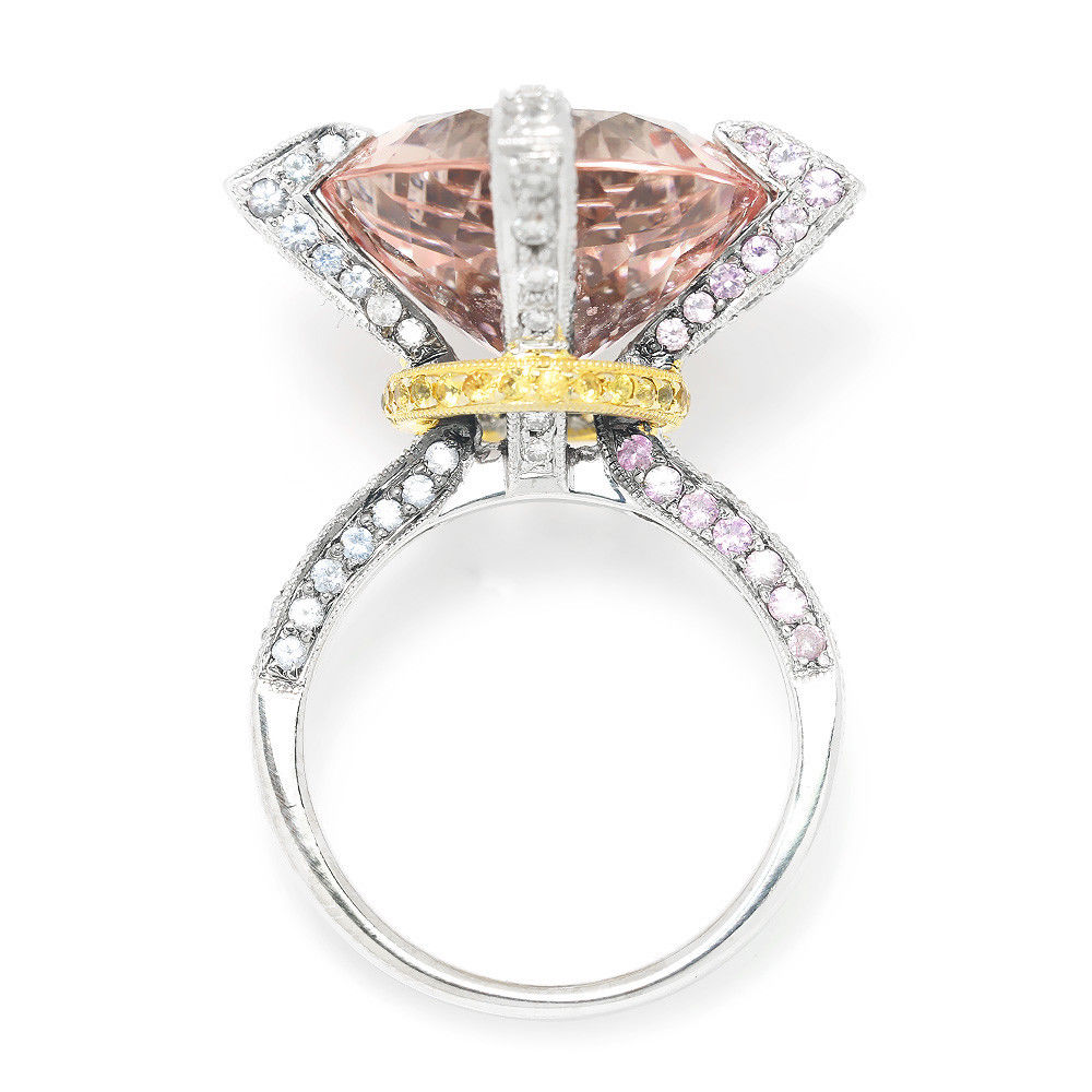 Round Morganite Ring with Diamonds & Sapphires in 18Kt Two Tone Gold 15.04ctw