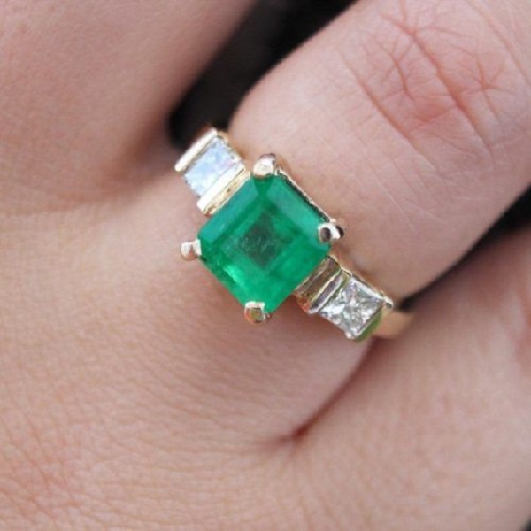 3.45tcw Colombian Emerald & Princess Cut Diamond Cocktail Ring 14k
