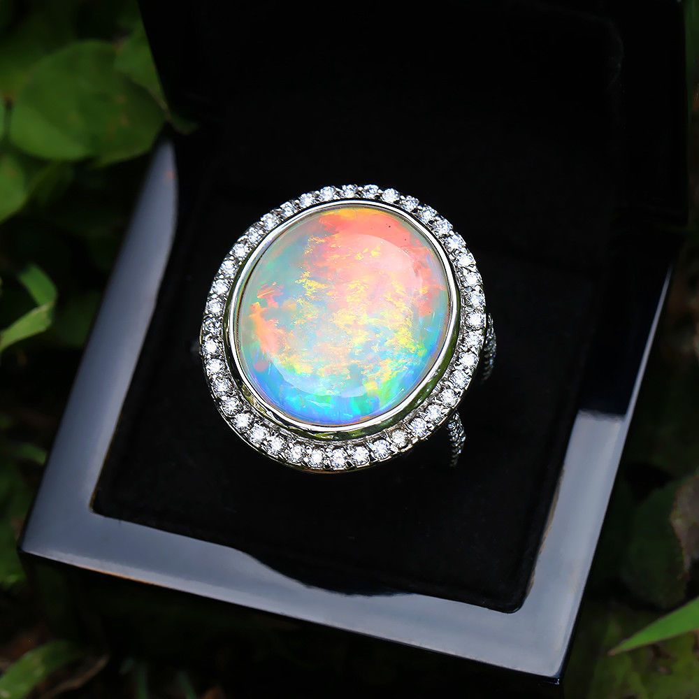 Round Australian Opal Halo Ring with Diamonds in 14Kt White Gold 14.24ctw
