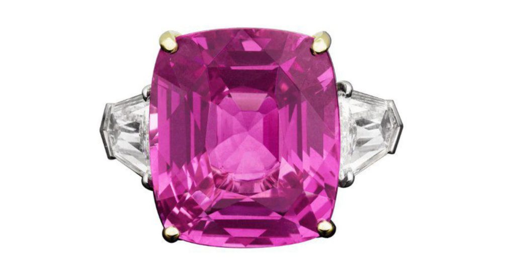 20.0 Cttw Natural Pink Sapphire Trilliant (2) Diamond Engagement Ring