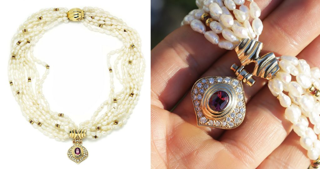Vintage Tourmaline & Diamond Pendant Multi-Strand Pearl Necklace 14K Gold 2.00ct