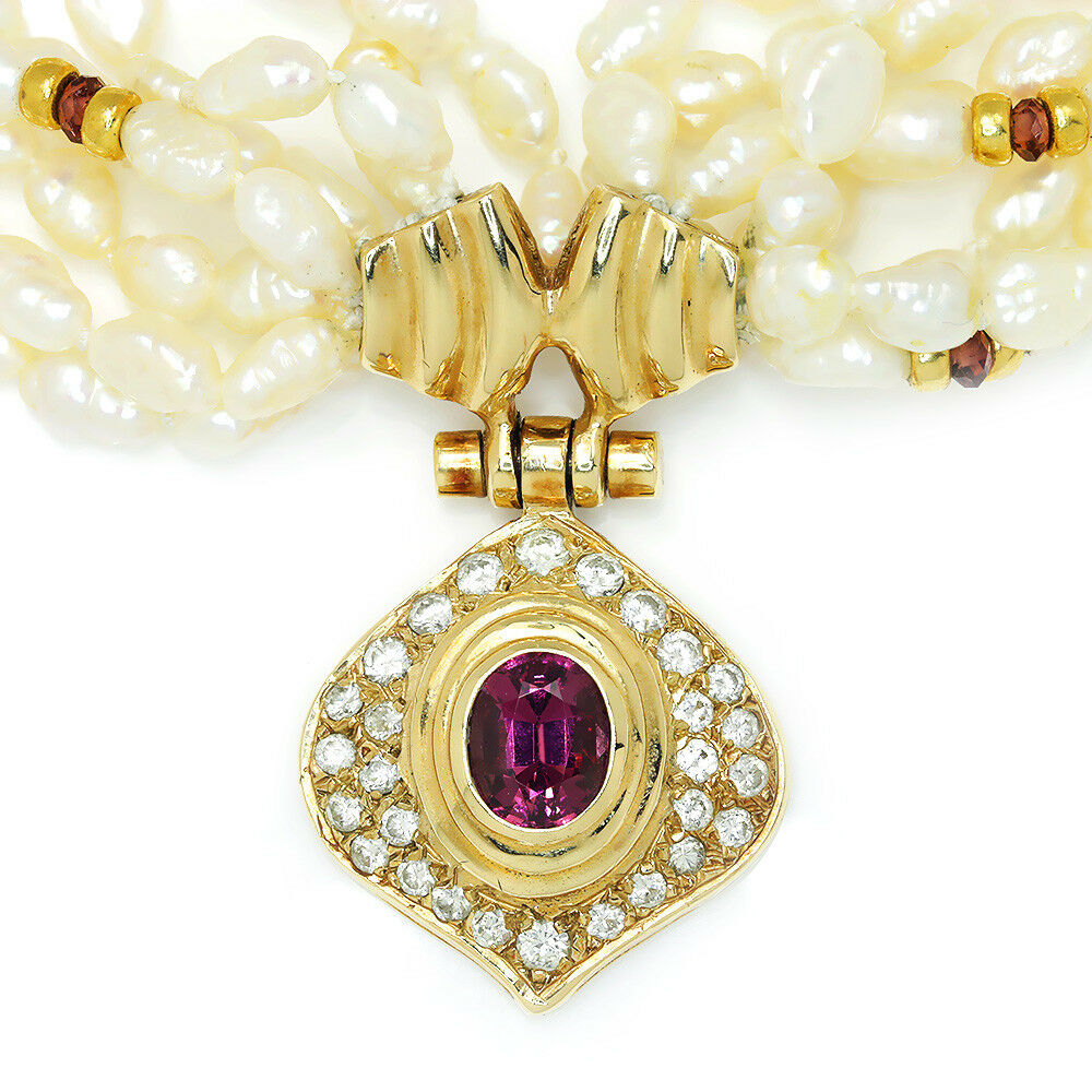 Vintage Tourmaline & Diamond Pendant Multi-Strand Pearl Necklace 14K Gold 2.00ct