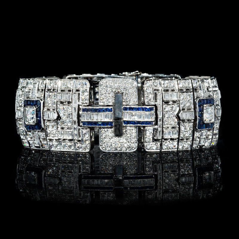 Diamond and Blue Sapphire Antique Art Deco Design 18k White Gold Bracelet