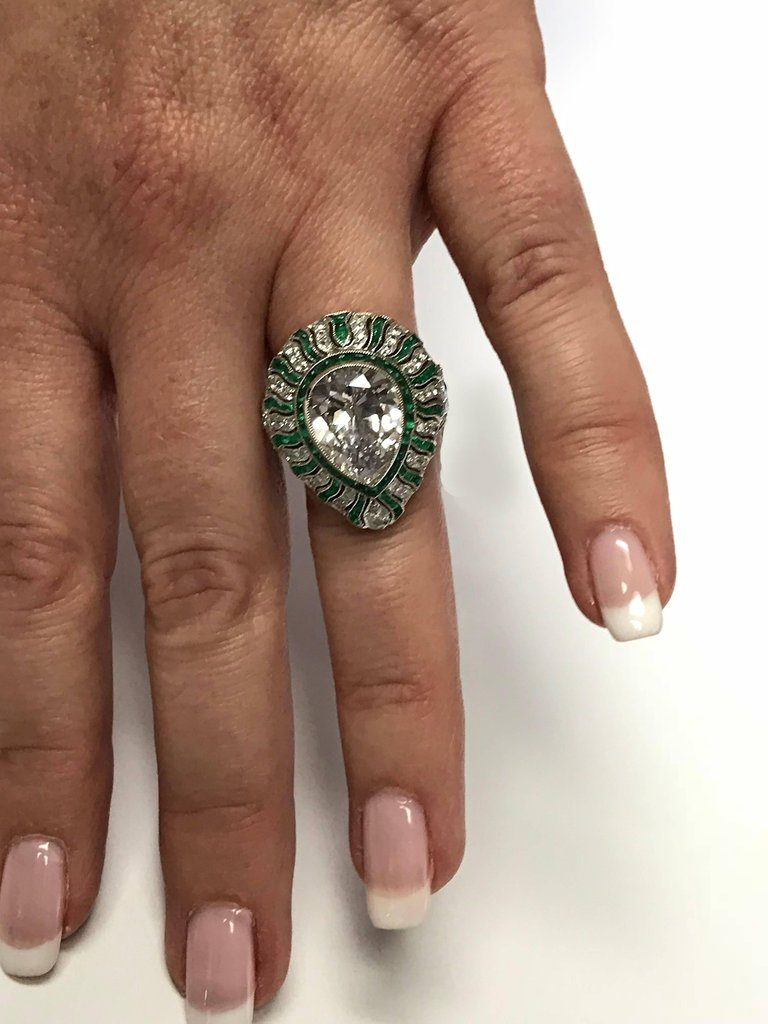 Art Deco Style Emerald and Diamond Platinum Ring