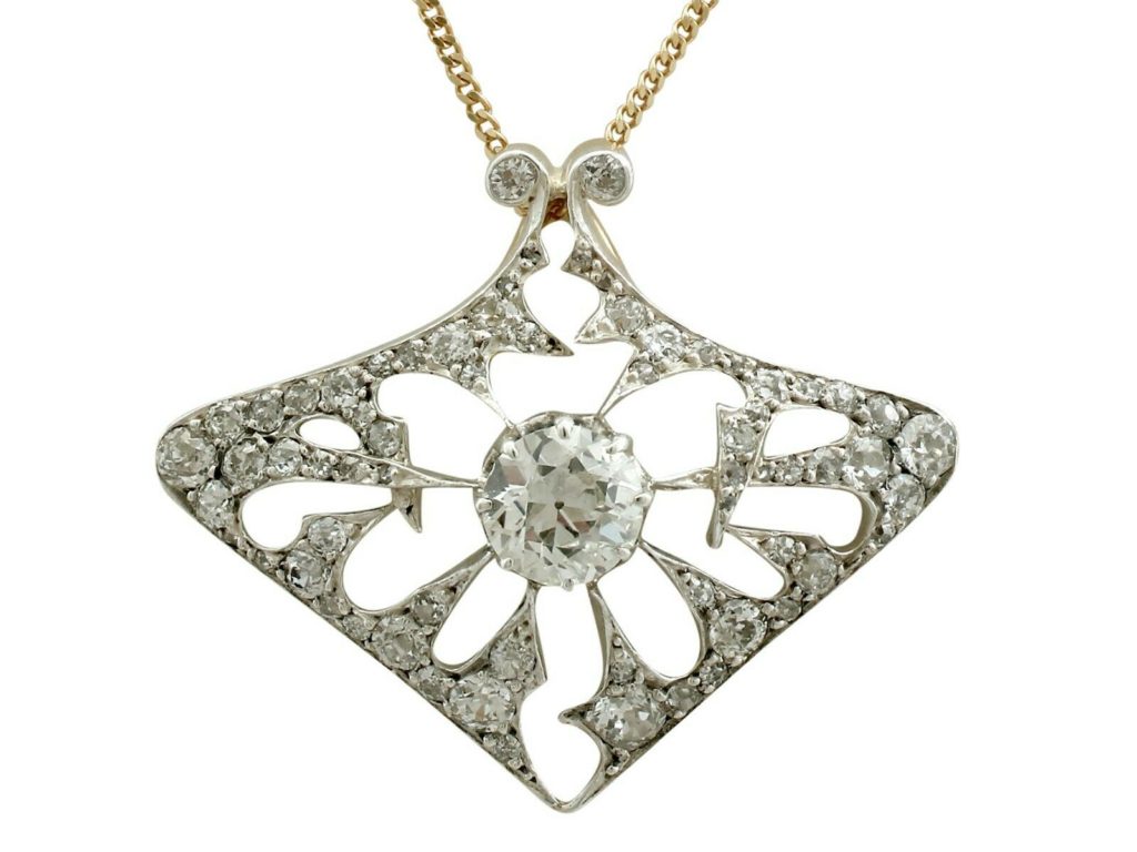 Antique French 4.21 Ct Diamond and 18k Yellow Gold Pendant Brooch Circa 1900