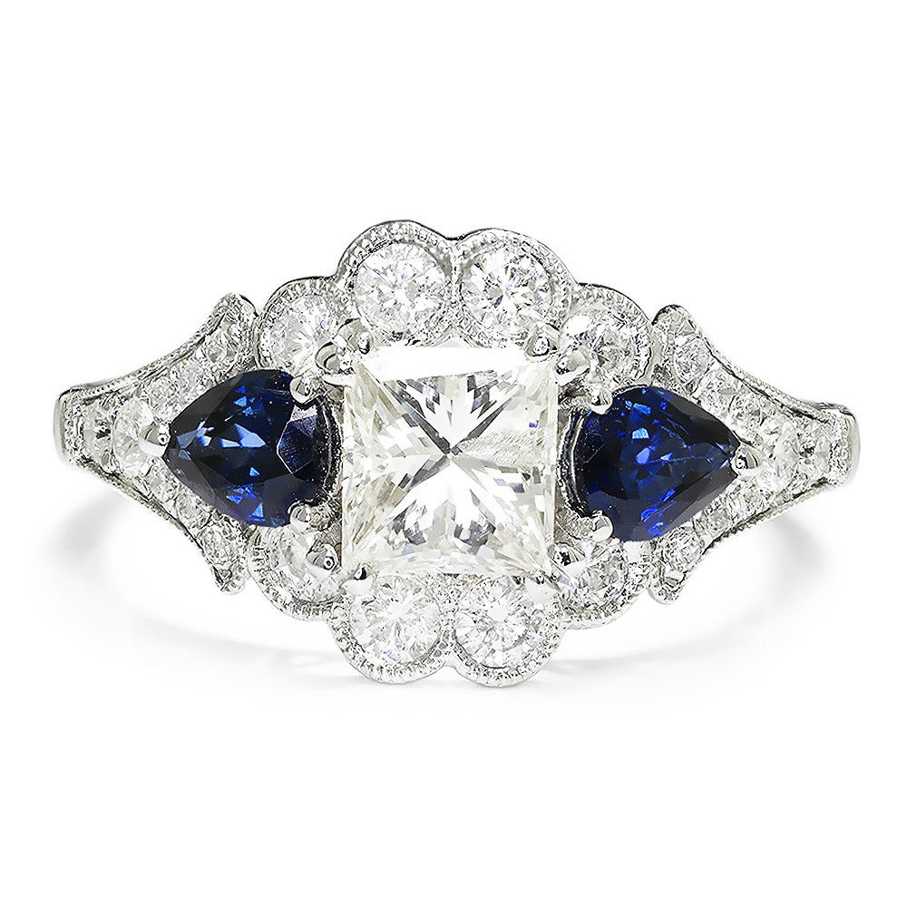 Princess Diamond 3 Stone Engagement Ring with Sapphires 18K 2.43ctw
