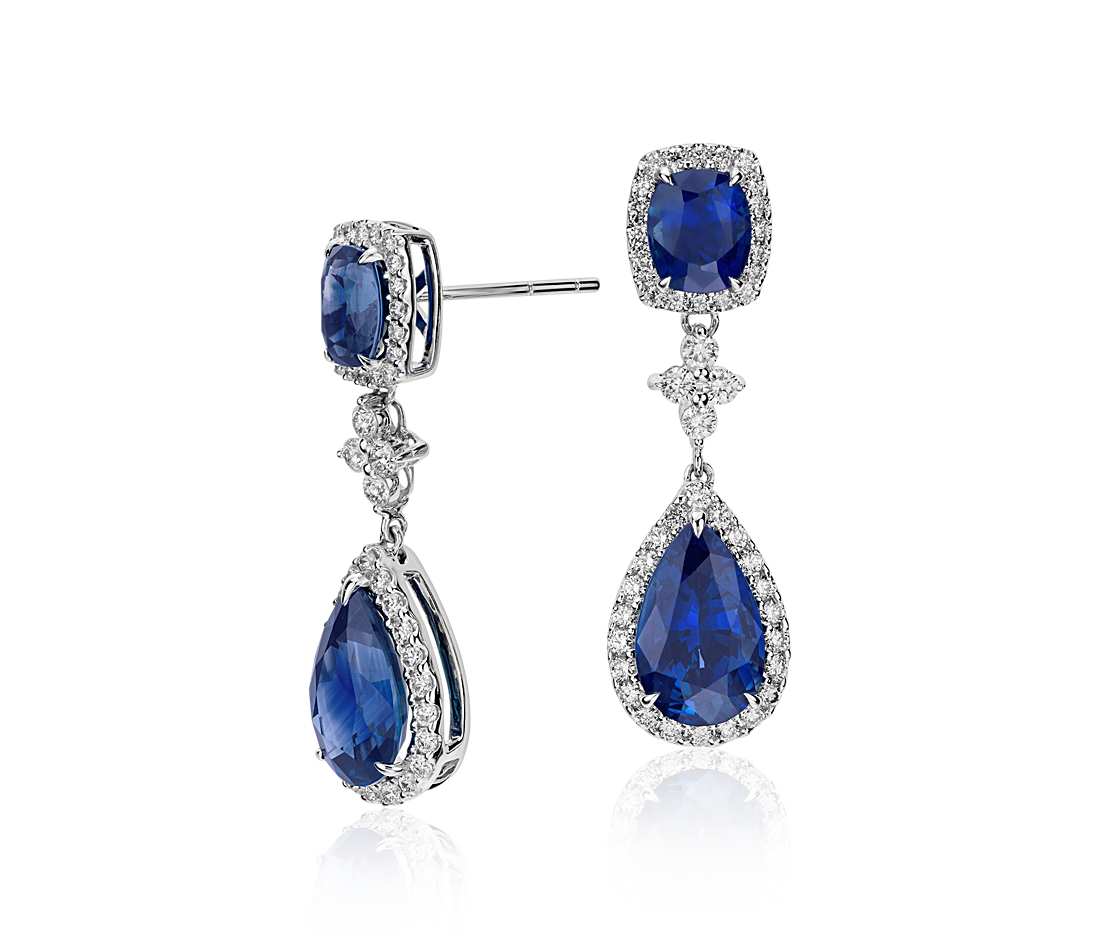 Sapphire and Diamond Drop Earrings in 18k White Gold