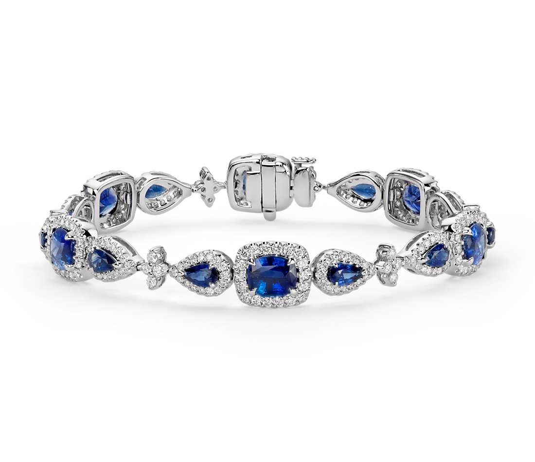 Cushion and Pear Shaped Blue Sapphire Diamond Halo Bracelet in 18k White Gold (8.33 ct. tw.)