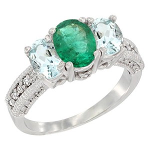 10K White Gold Diamond Natural HQ Emerald Ring Oval 3-stone with Aquamarine