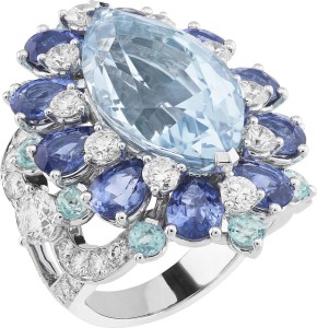 Van Cleef & Arpels aquamarine ring surrounded by diamonds, sapphires and tourmalines, from the Peau d'Âne high jewelery collection