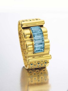This Van Cleef & Arpels Ludo Hexagone bracelet watch in gold and aquamarine, circa 1940, sold for US$68,750 at Christie's New York 