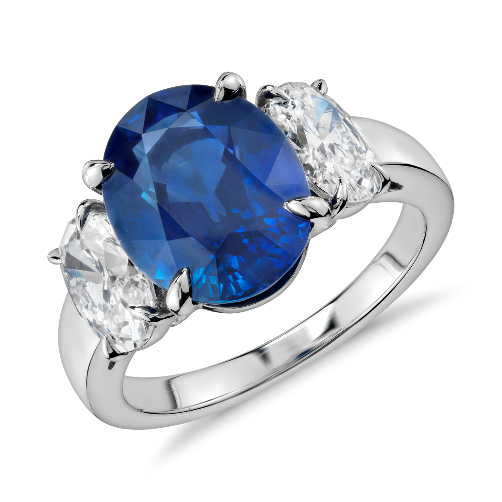 Oval Sapphire and Diamond Three-Stone Ring in Platinum