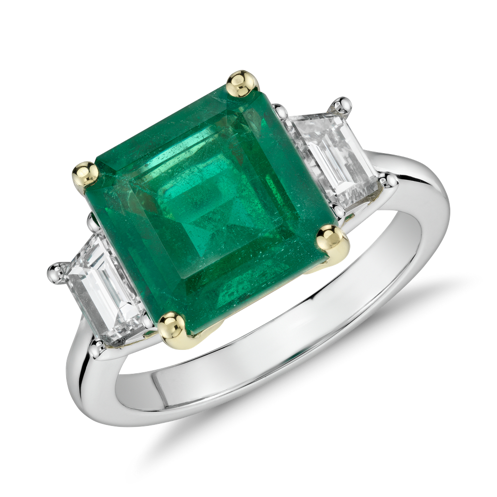 Emerald-Cut Emerald and Diamond Three-Stone Ring at Blue Nile