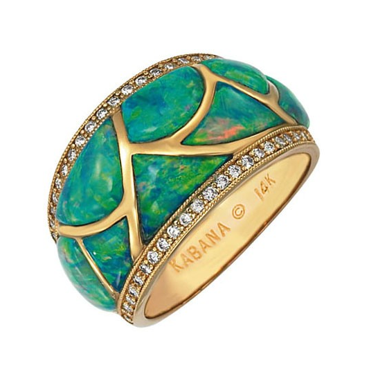 Kabana's outstanding Australian Opal jewelry has made it's reputation in the jewelry world and beyond. Delicate and precious, the Opal Collection allows the colors of all the gemstones to shine in one. This ring is inlaid with opal, set in 14k yellow gold and accented with diamonds (.36 ctw) 