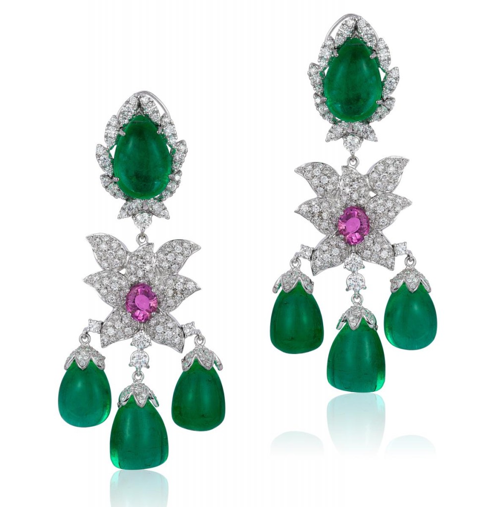 One-of-a-kind earrings in 18k white gold with 79.13 cts. t.w. emeralds, 3.6 cts. t.w. pink sapphires, and 5.39 cts. t.w. diamonds by Andreoli, price on request 