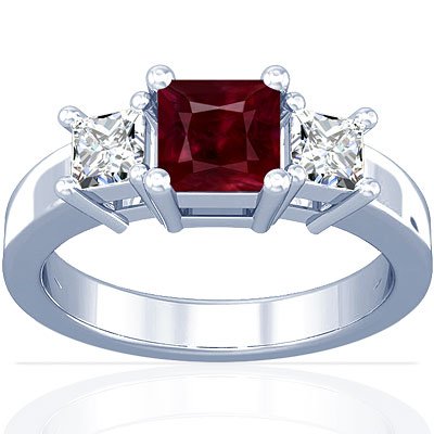 18K White Gold Princess Cut Ruby Three Stone Ring (GIA Certificate)