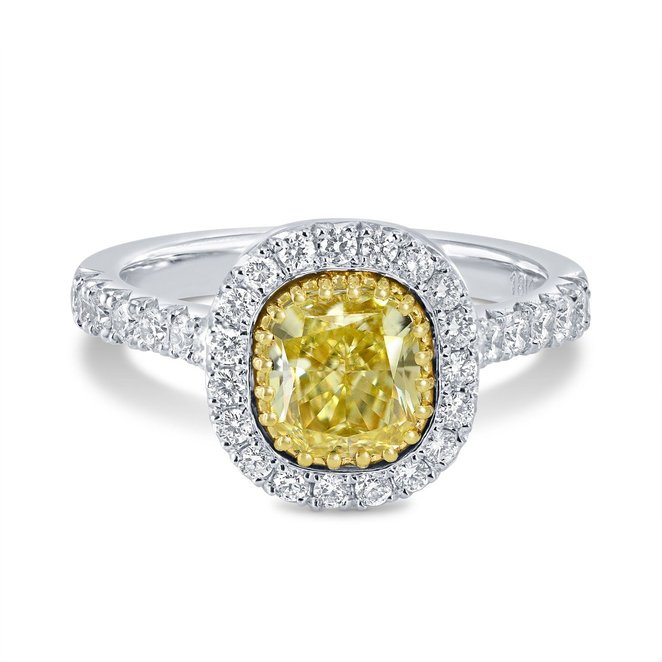 1.69Cts Yellow Diamond Engagement Halo Ring Set in 18K White Yellow Gold GIA