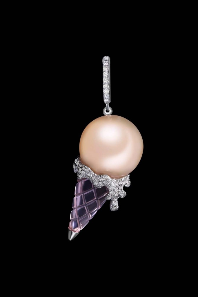 A pendant from Bao Bao Wan's new ‘Bon Bon’ collection featuring a melting ice-cream cone comprised of a pearl set on melting diamonds and a carved amethyst cone.