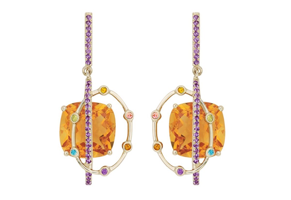 One-of-a-kind earrings in recycled 18k gold with 13.55 cts. t.w. orange citrine and 0.48 ct. t.w. yellow citrine, peridot, pink tourmaline, and London blue topaz by Arya Esha, $2,160