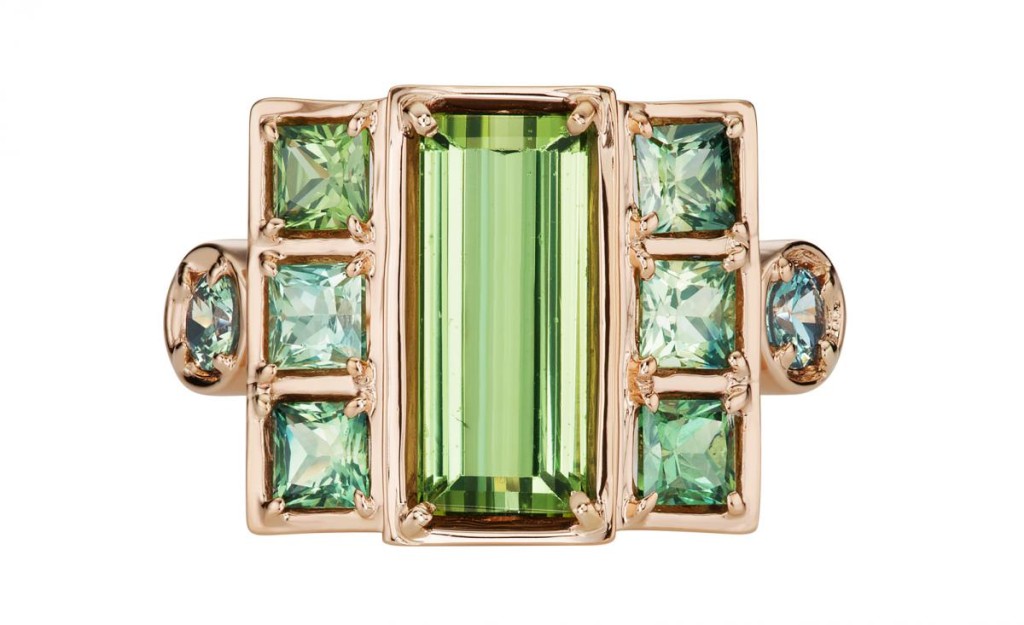 Large Cloud Swing ring in 18k rose gold with grassy green tourmaline, green sapphires, and blue-green tourmaline by Jane Taylor Jewelry, $5,690