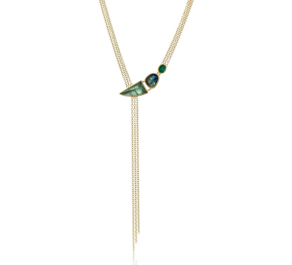 One-of-a-kind lariat necklace in 18k yellow gold with aquamarine, untreated tanzanite, and Paraiba by Amali Jewelry, $10,560